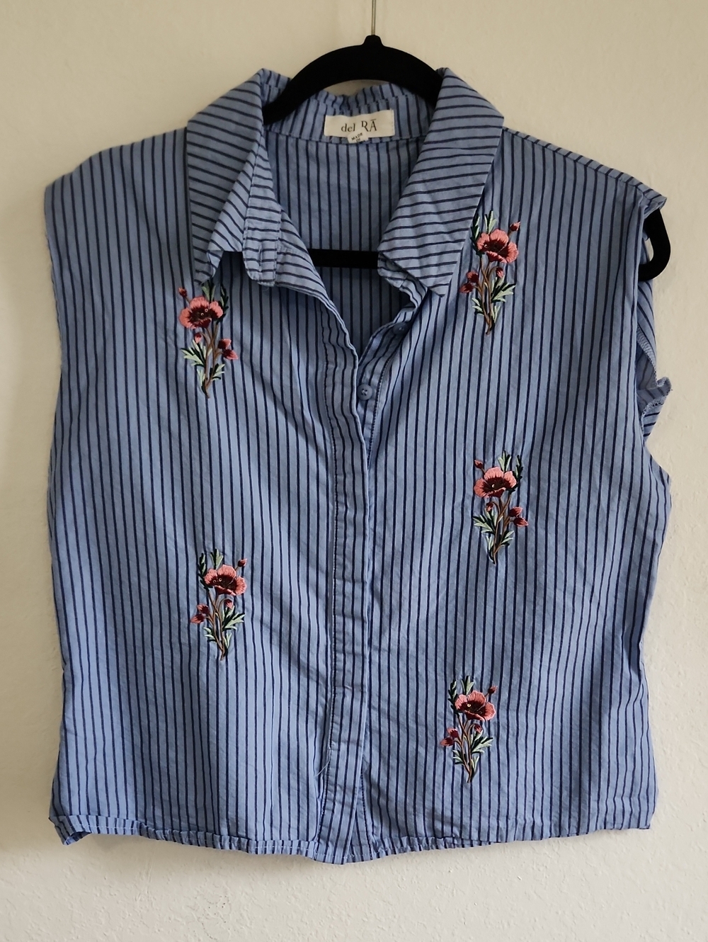 Cottagecore Blue Striped Blouse with Floral Embroidery Size M 100% Cotton
